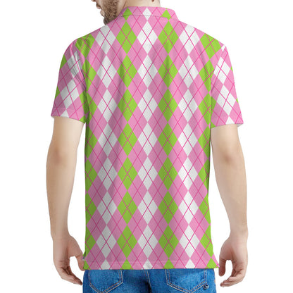 White Pink And Green Argyle Print Men's Polo Shirt
