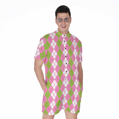White Pink And Green Argyle Print Men's Rompers