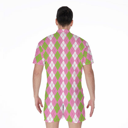 White Pink And Green Argyle Print Men's Rompers