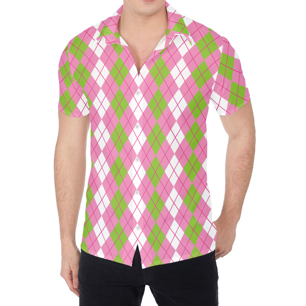 White Pink And Green Argyle Print Men's Shirt