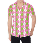 White Pink And Green Argyle Print Men's Shirt
