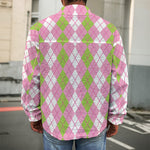 White Pink And Green Argyle Print Men's Shirt Jacket