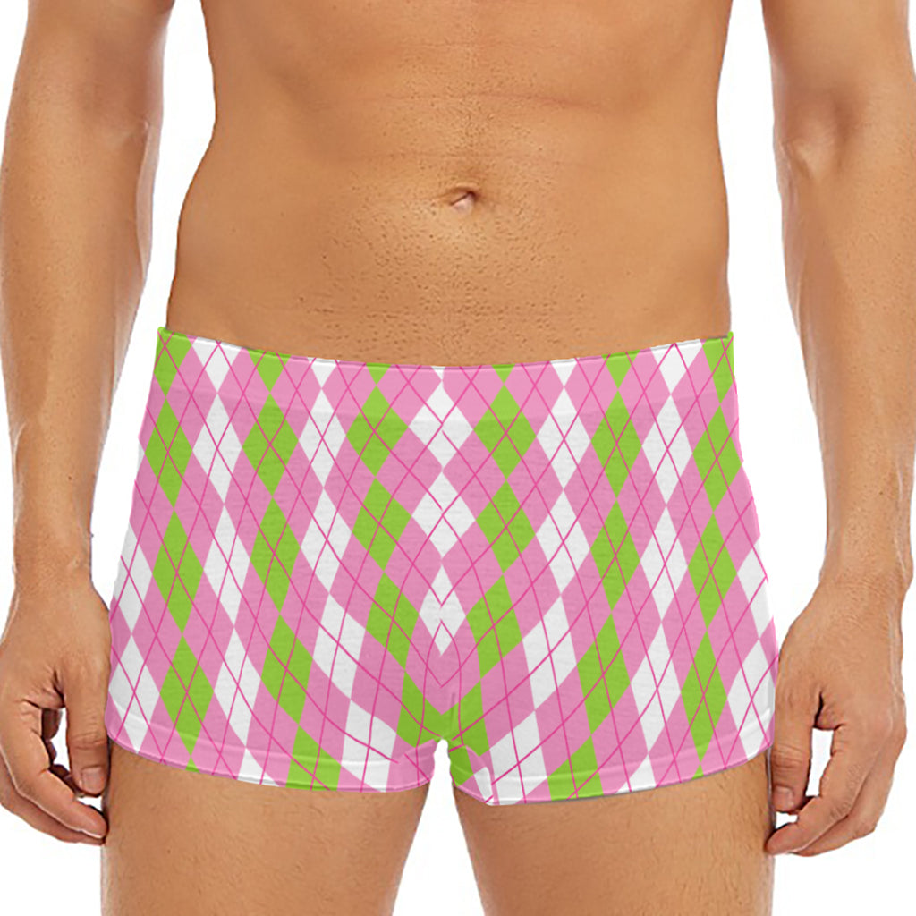 White Pink And Green Argyle Print Men's Short Boxer Briefs
