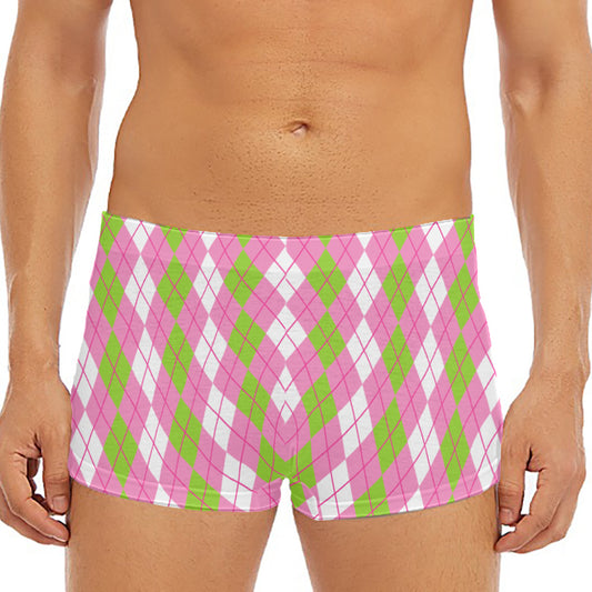 White Pink And Green Argyle Print Men's Short Boxer Briefs
