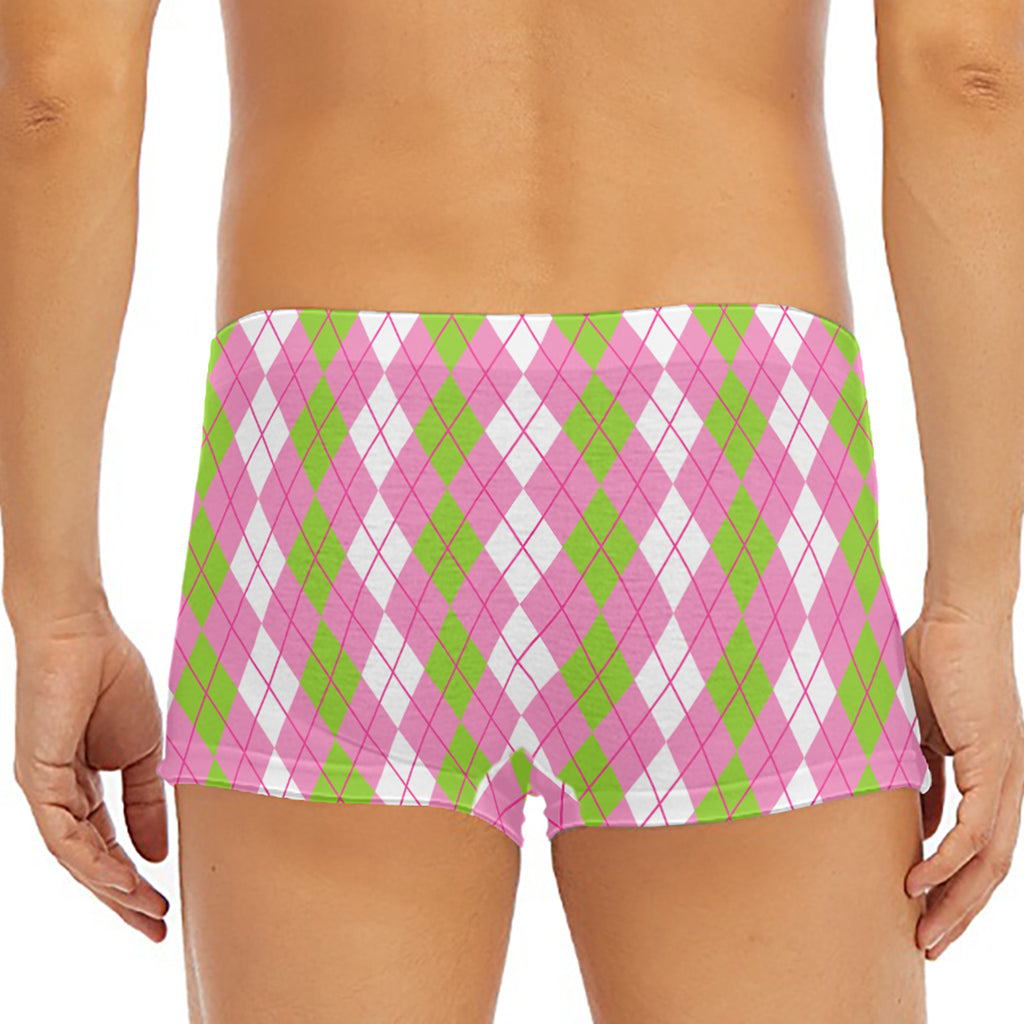 White Pink And Green Argyle Print Men's Short Boxer Briefs
