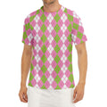 White Pink And Green Argyle Print Men's Short Sleeve Rash Guard