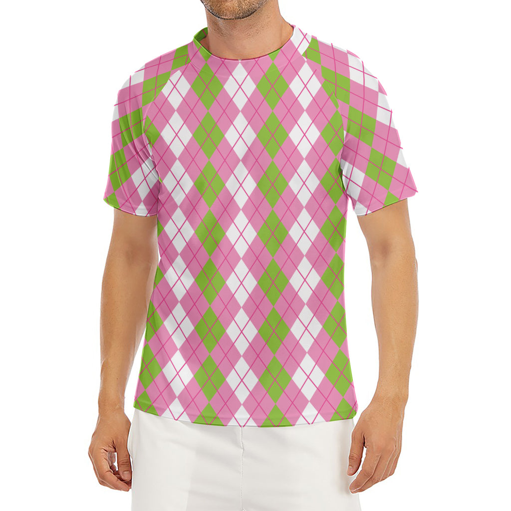 White Pink And Green Argyle Print Men's Short Sleeve Rash Guard