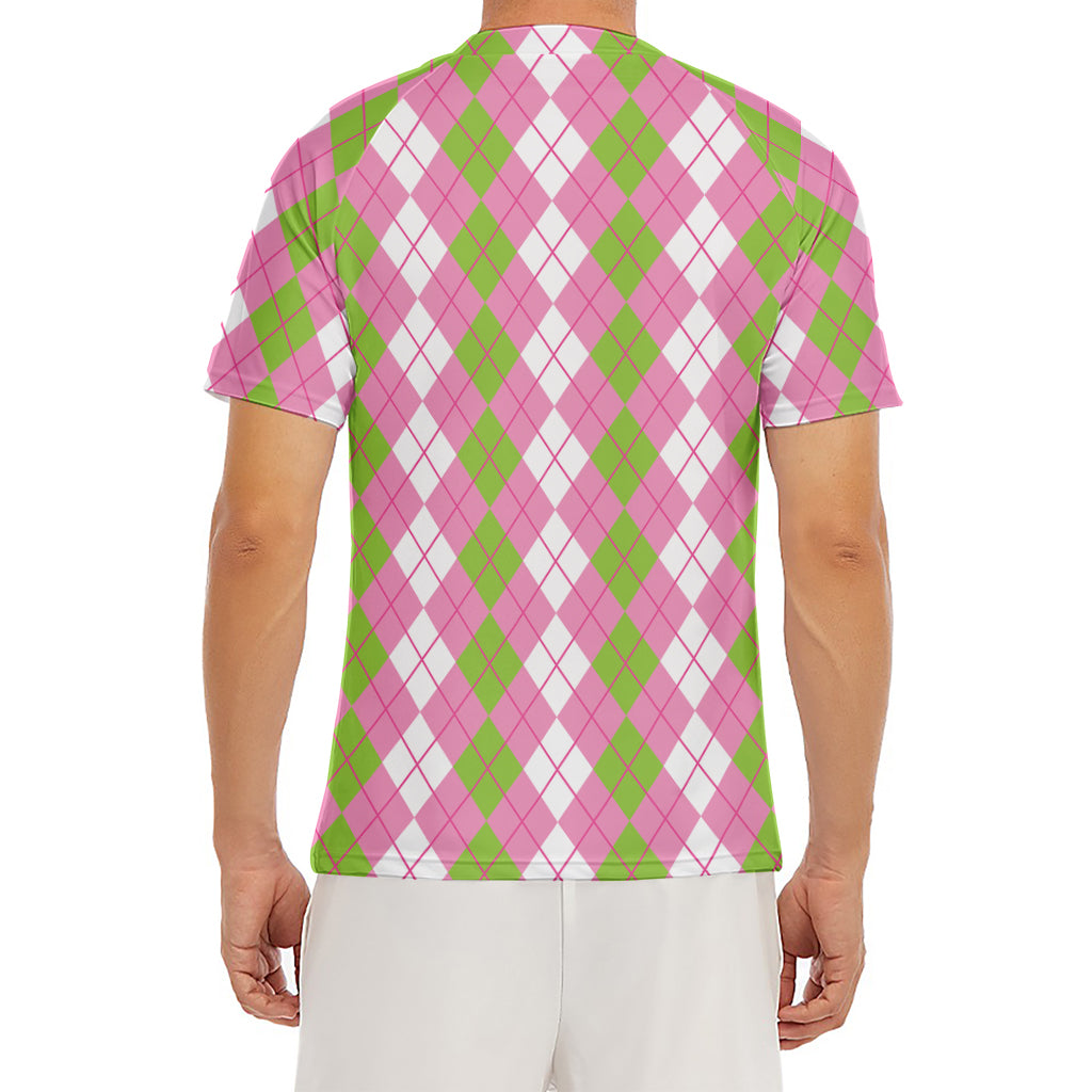 White Pink And Green Argyle Print Men's Short Sleeve Rash Guard