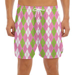 White Pink And Green Argyle Print Men's Split Running Shorts