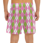 White Pink And Green Argyle Print Men's Split Running Shorts
