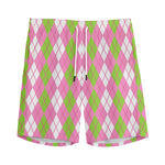 White Pink And Green Argyle Print Men's Sports Shorts
