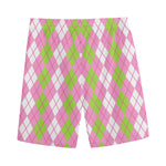 White Pink And Green Argyle Print Men's Sports Shorts
