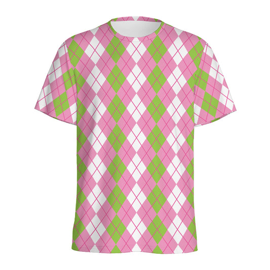 White Pink And Green Argyle Print Men's Sports T-Shirt