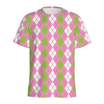White Pink And Green Argyle Print Men's Sports T-Shirt
