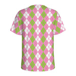White Pink And Green Argyle Print Men's Sports T-Shirt