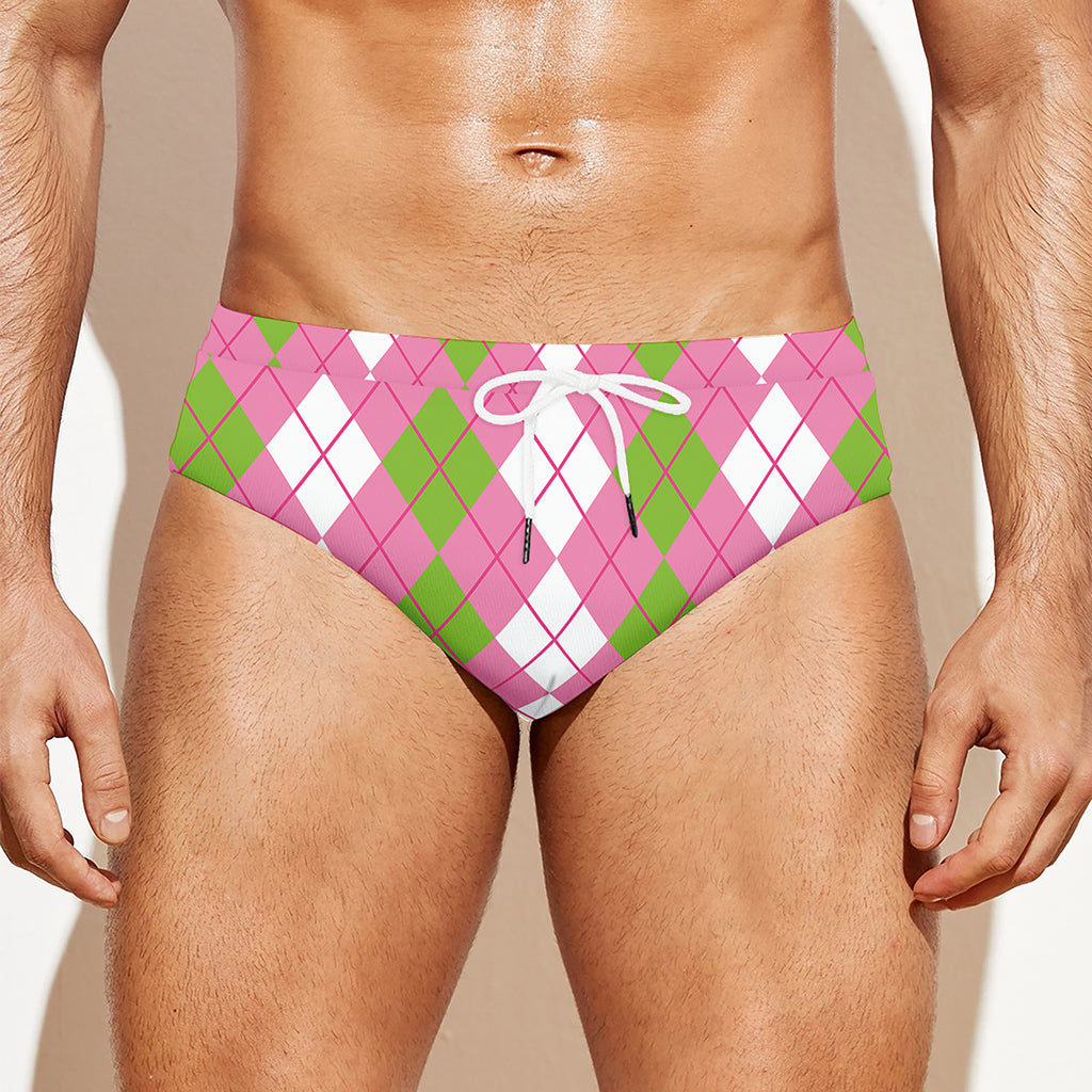 White Pink And Green Argyle Print Men's Swim Briefs