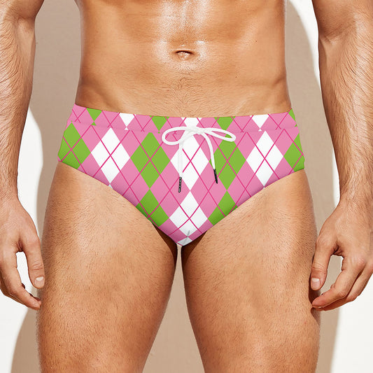 White Pink And Green Argyle Print Men's Swim Briefs