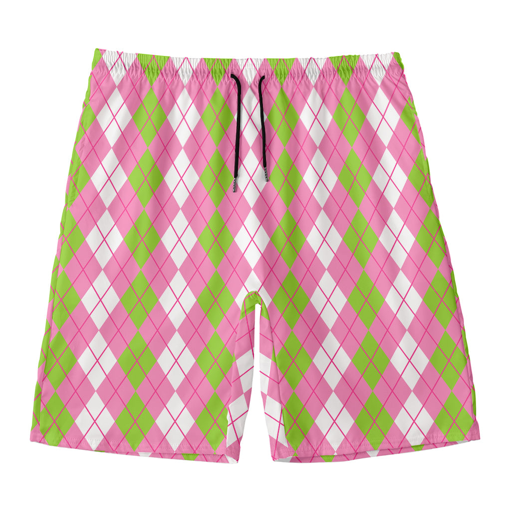 White Pink And Green Argyle Print Men's Swim Trunks