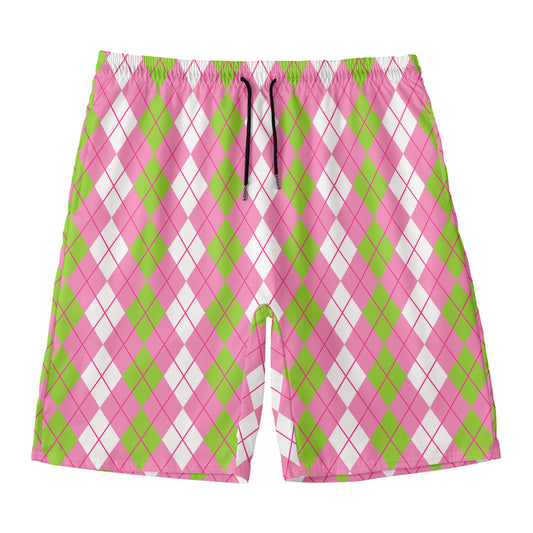 White Pink And Green Argyle Print Men's Swim Trunks