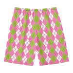 White Pink And Green Argyle Print Men's Swim Trunks