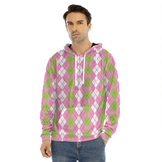 White Pink And Green Argyle Print Men's Velvet Pullover Hoodie