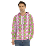 White Pink And Green Argyle Print Men's Velvet Pullover Hoodie