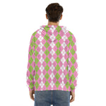 White Pink And Green Argyle Print Men's Velvet Pullover Hoodie
