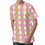 White Pink And Green Argyle Print Men's Velvet T-Shirt