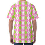 White Pink And Green Argyle Print Men's Velvet T-Shirt