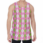 White Pink And Green Argyle Print Men's Velvet Tank Top