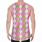 White Pink And Green Argyle Print Men's Velvet Tank Top