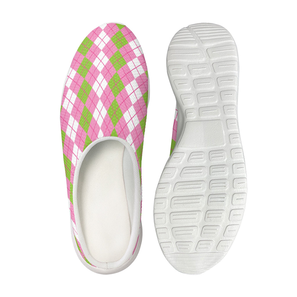 White Pink And Green Argyle Print Mesh Casual Shoes