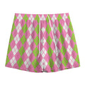 White Pink And Green Argyle Print Mesh Shorts