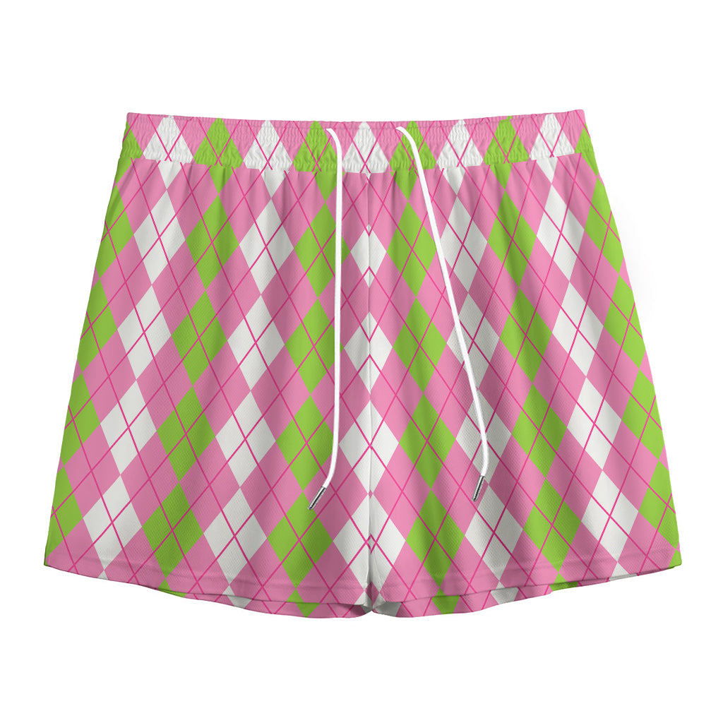 White Pink And Green Argyle Print Mesh Shorts