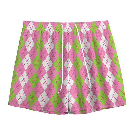 White Pink And Green Argyle Print Mesh Shorts