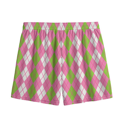 White Pink And Green Argyle Print Mesh Shorts