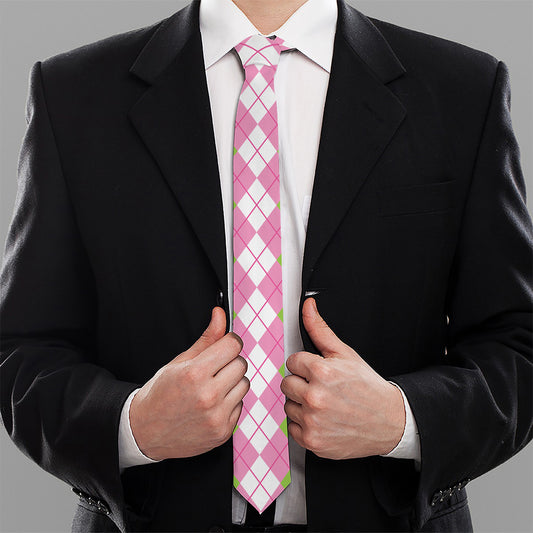 White Pink And Green Argyle Print Necktie