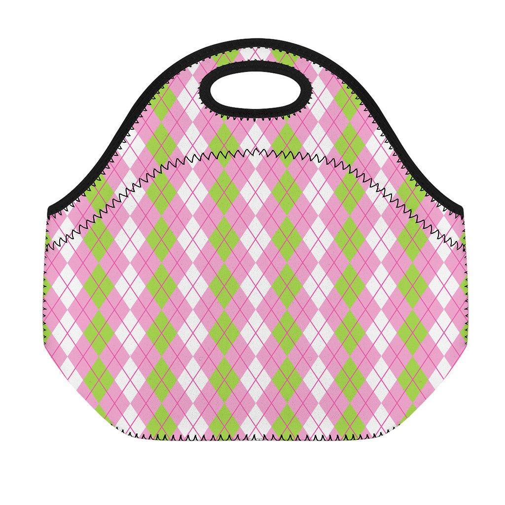 White Pink And Green Argyle Print Neoprene Lunch Bag