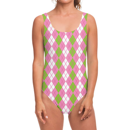 White Pink And Green Argyle Print One Piece Swimsuit