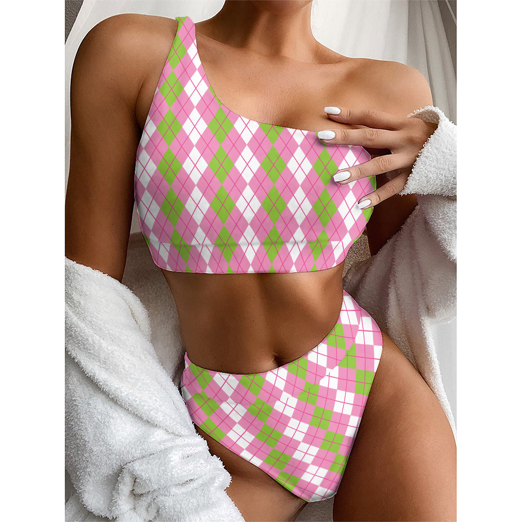 White Pink And Green Argyle Print One Shoulder Bikini Top