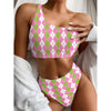 White Pink And Green Argyle Print One Shoulder Bikini Top