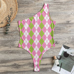 White Pink And Green Argyle Print One Shoulder Bodysuit