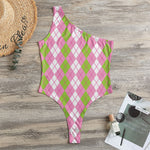 White Pink And Green Argyle Print One Shoulder Bodysuit