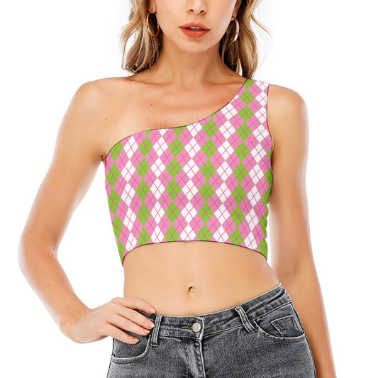 White Pink And Green Argyle Print One Shoulder Crop Top