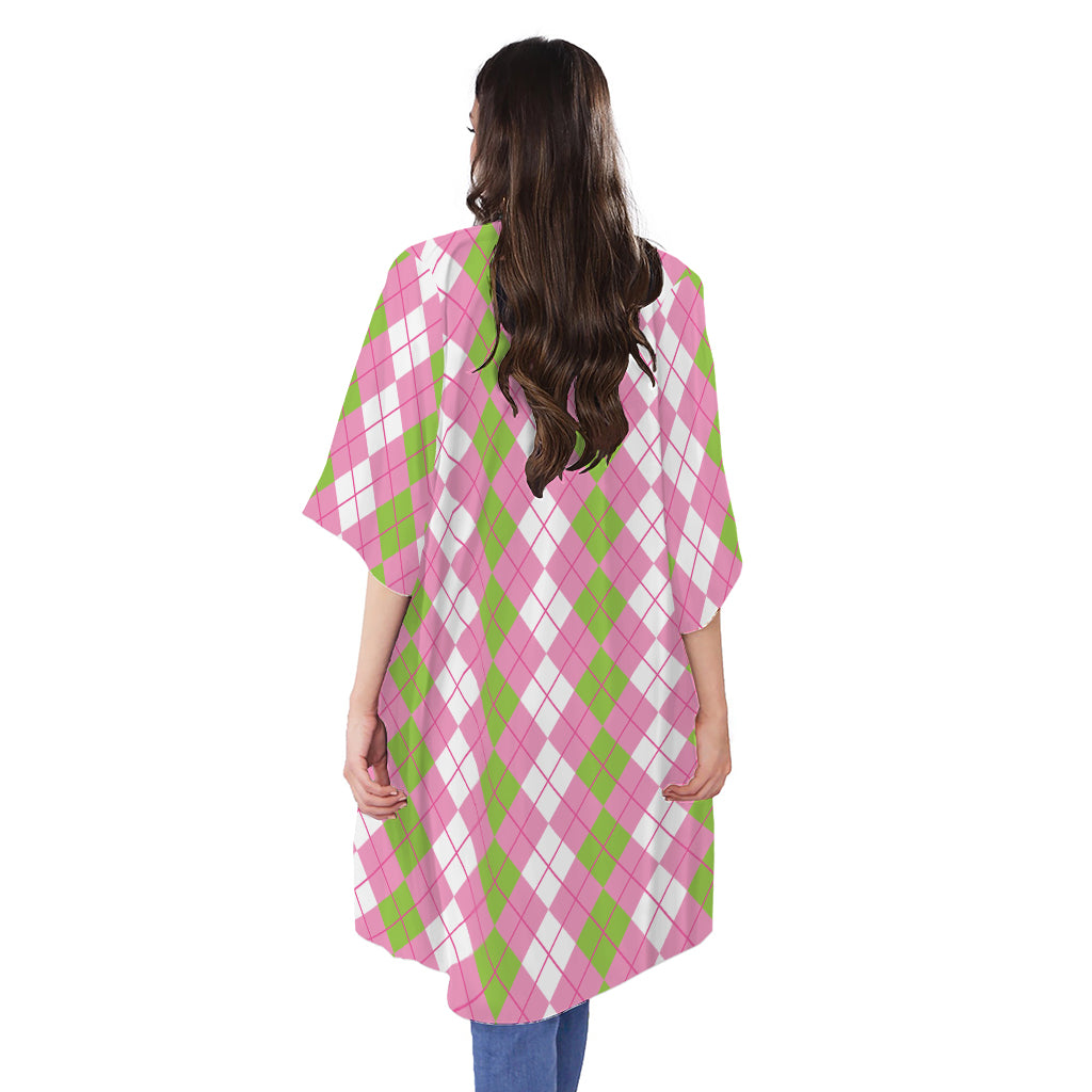 White Pink And Green Argyle Print Open Front Beach Cover Up