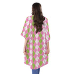 White Pink And Green Argyle Print Open Front Beach Cover Up