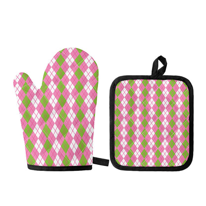 White Pink And Green Argyle Print Oven Mitt And Pot Holder Set