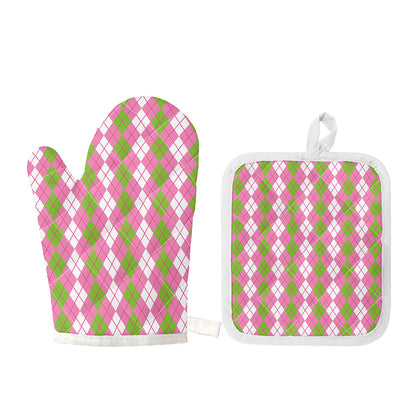 White Pink And Green Argyle Print Oven Mitt And Pot Holder Set
