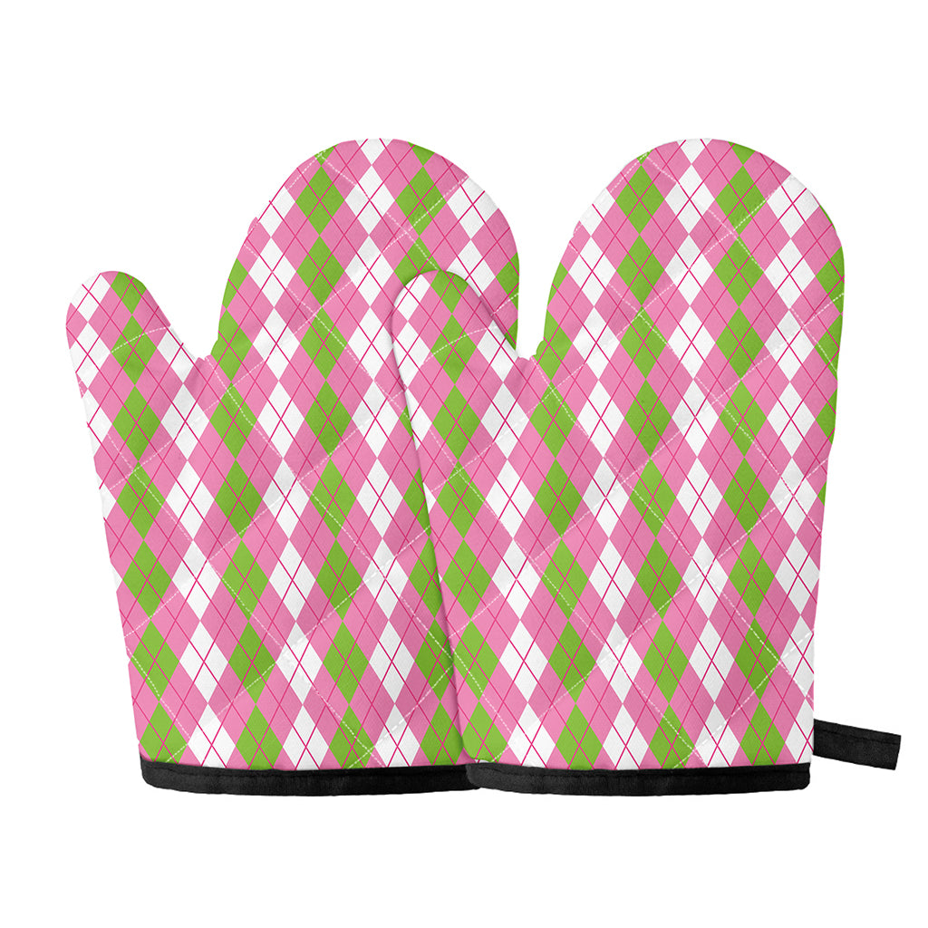 White Pink And Green Argyle Print Oven Mitts