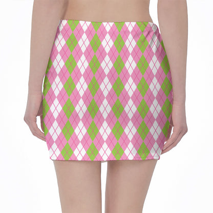 White Pink And Green Argyle Print Pencil Mini Skirt